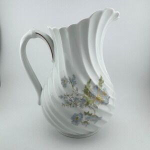 Haviland Limoges France Porcelain Pitcher Blue Floral Swirl Optic Gold Trim